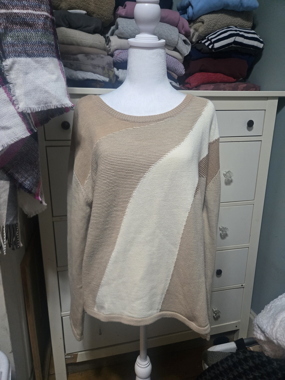 Peace Love World Colorblock Cream and Tan Women's Sweater